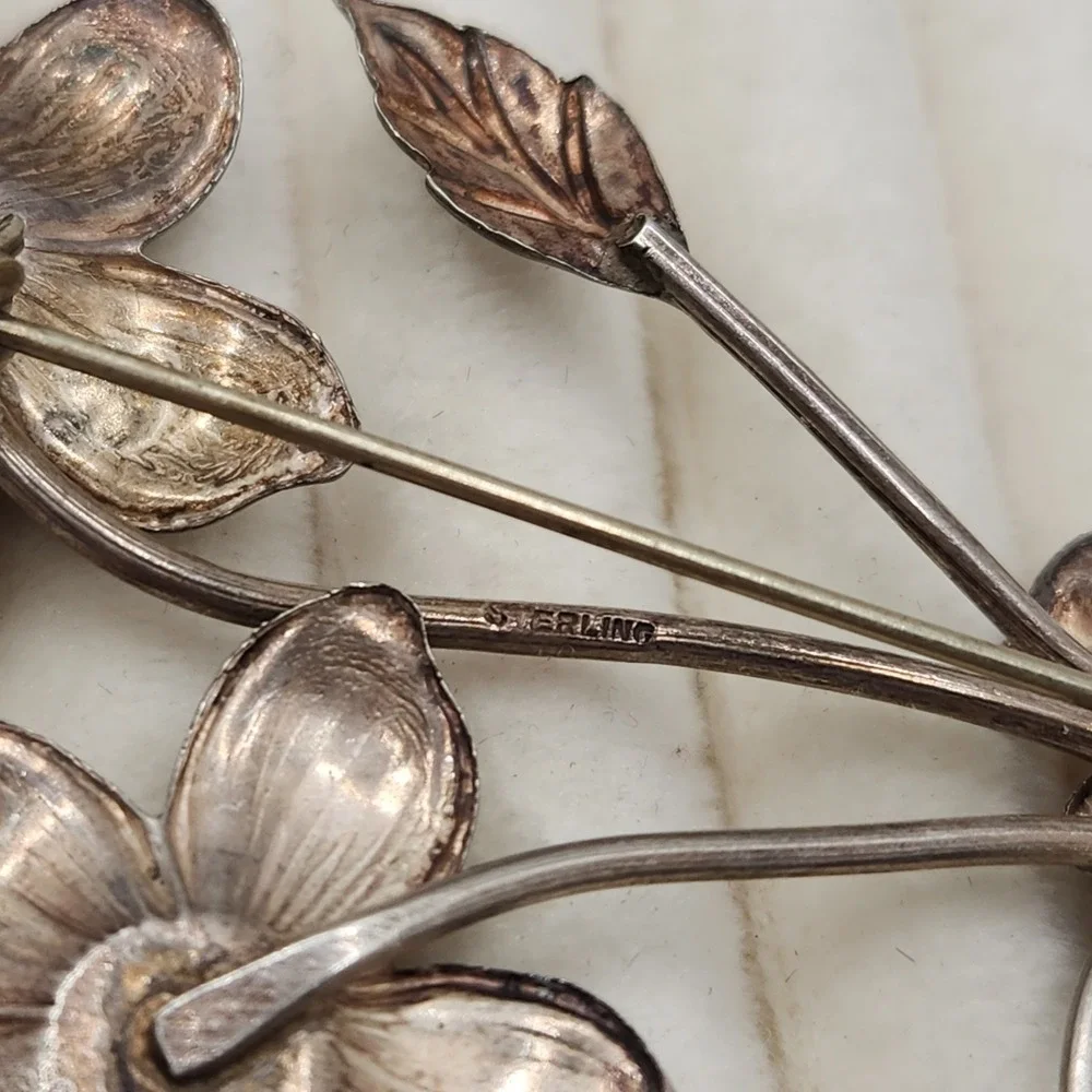 Vintage Sterling Silver Floral Bouquet Brooch 3D Sculpted Flowers Leaf Pin